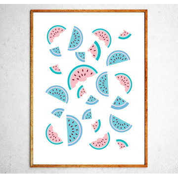 Art poster Slices of watermelon turquoise and green