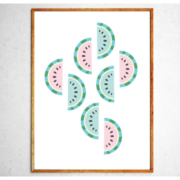 Art poster Watermelons in freefall mint and pink