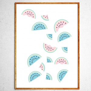 Art poster Watermelons in freefall mint and pink